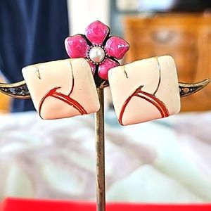 earrings 80s vintage enamel  1" square beige and gold vintage LOT 329